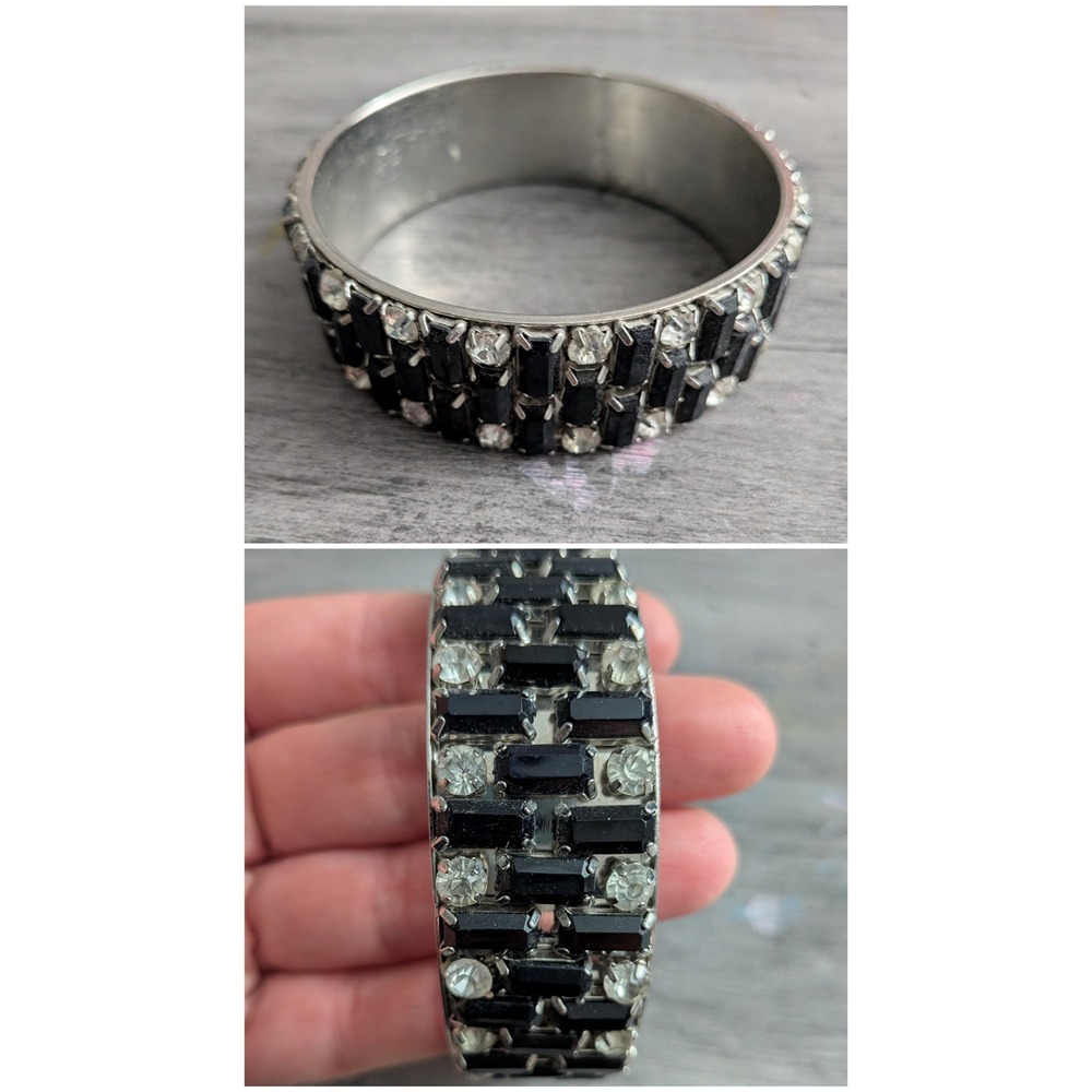 Vintage Silver Tone Black Baguette and Clear Rhinestone Bangle Bracelet